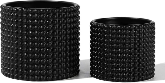 Black Ceramic Vintage Style Hobnail Patterned Planter Pots 6 and 5 Inch Containers with Watering Drain Plug for Indoor Succulent Plants or Flowers