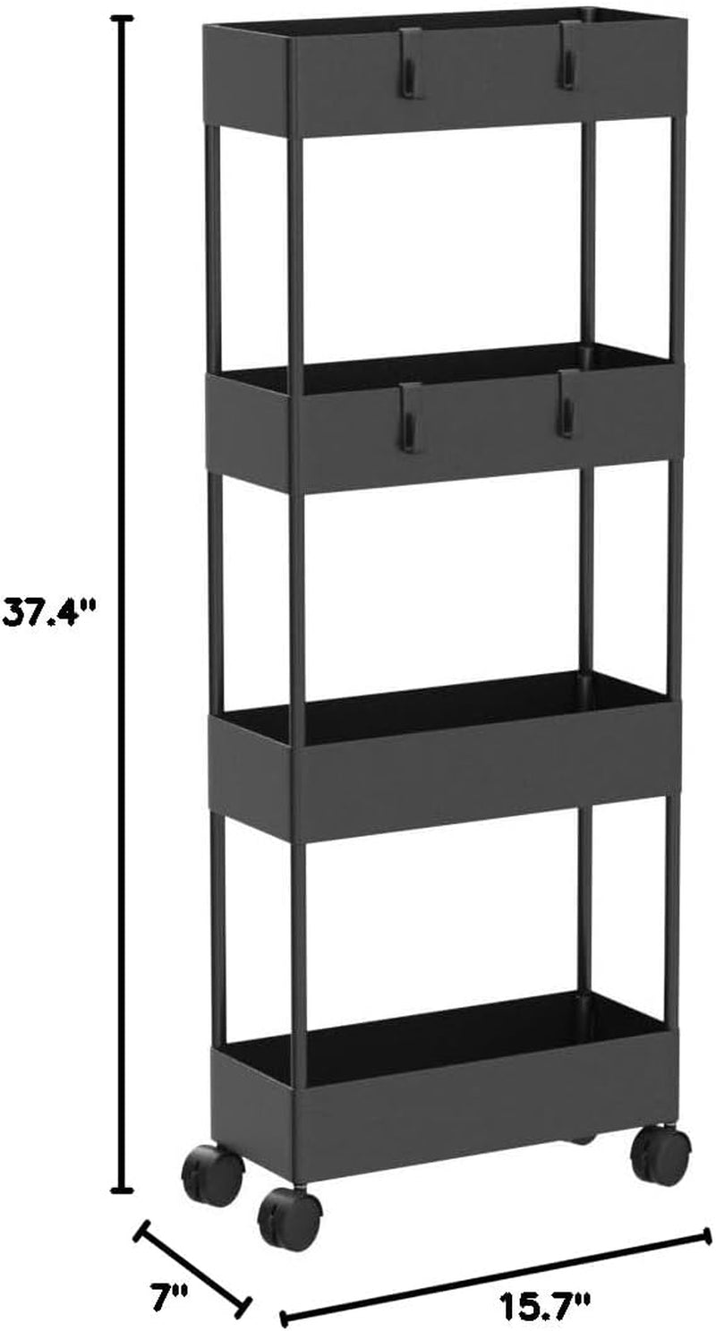 Storage Cart 4 Tier Bathroom Storage Organizer Rolling Utility Cart, Slide Out Storage Shelves Mobile Shelving Unit for Bathroom Kitchen Bedroom Laundry Narrow Places