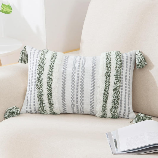 Decorative Boho Throw Pillow Cover 12X20, Lumbar Accent Neutral Textured Tufted Pillow Cover Striped for Couch Bed Sofa, Green and Cream White, Pack of 1